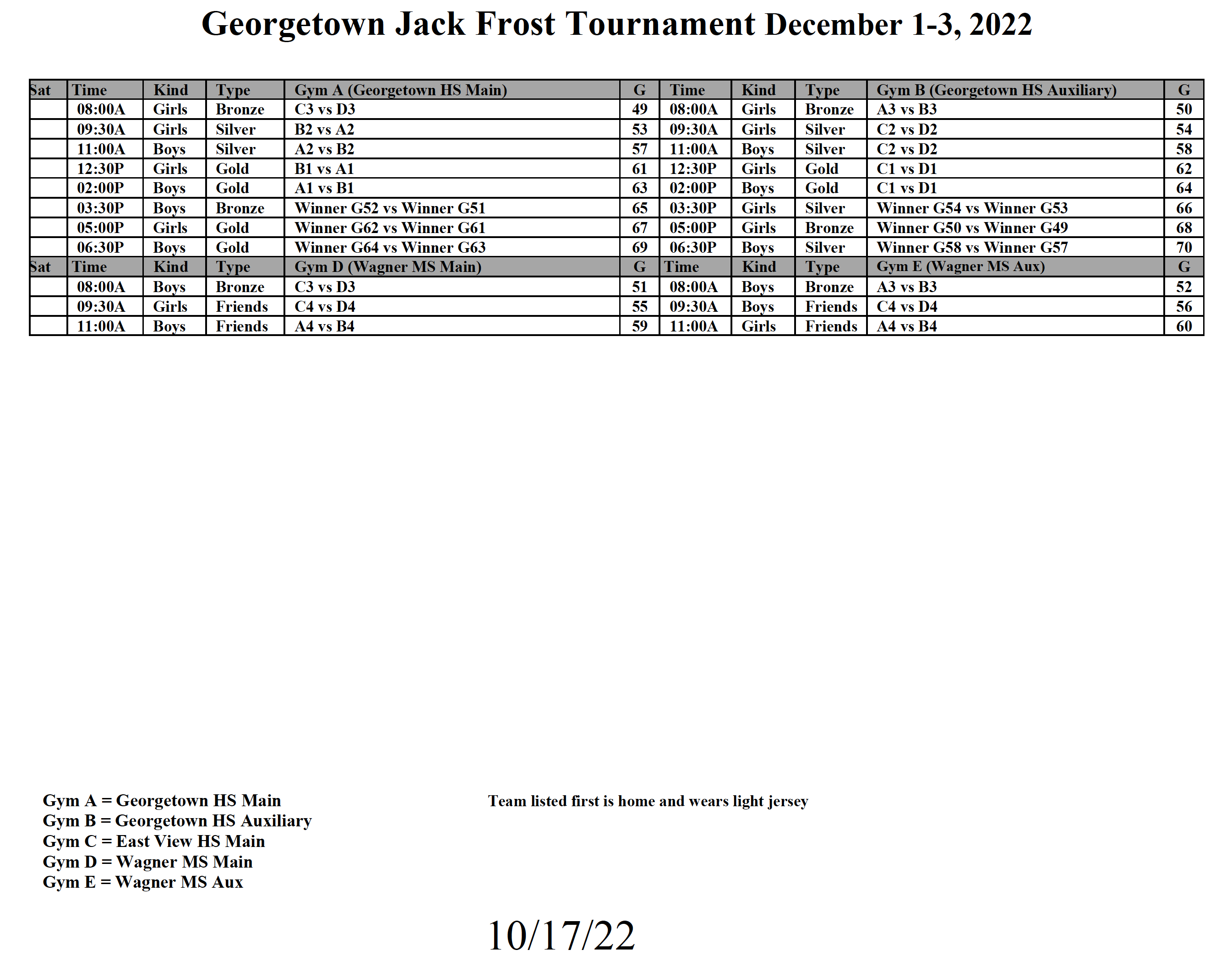 Jack Frost Tournament Master Schedule 2
