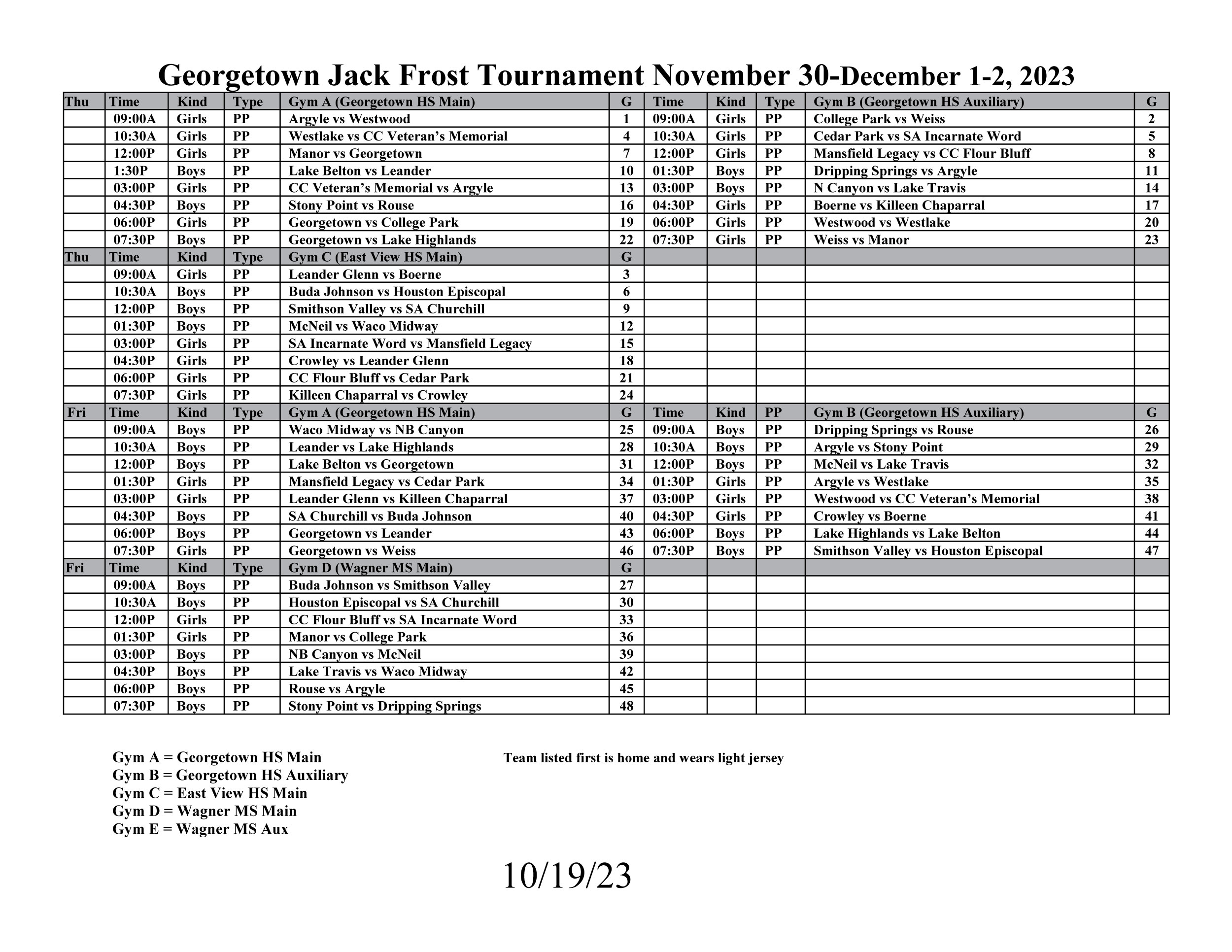 Master Schedule Jack Frost Tournament